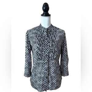 Charter Club 100% Cotton Blouse Size 8 Black White Geometric 3/4 Sleeve